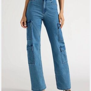 Sofia Vergara Barrel Leg Cargo Jeans Blue High-Rise Wide Leg Boho Relaxed Sz 14